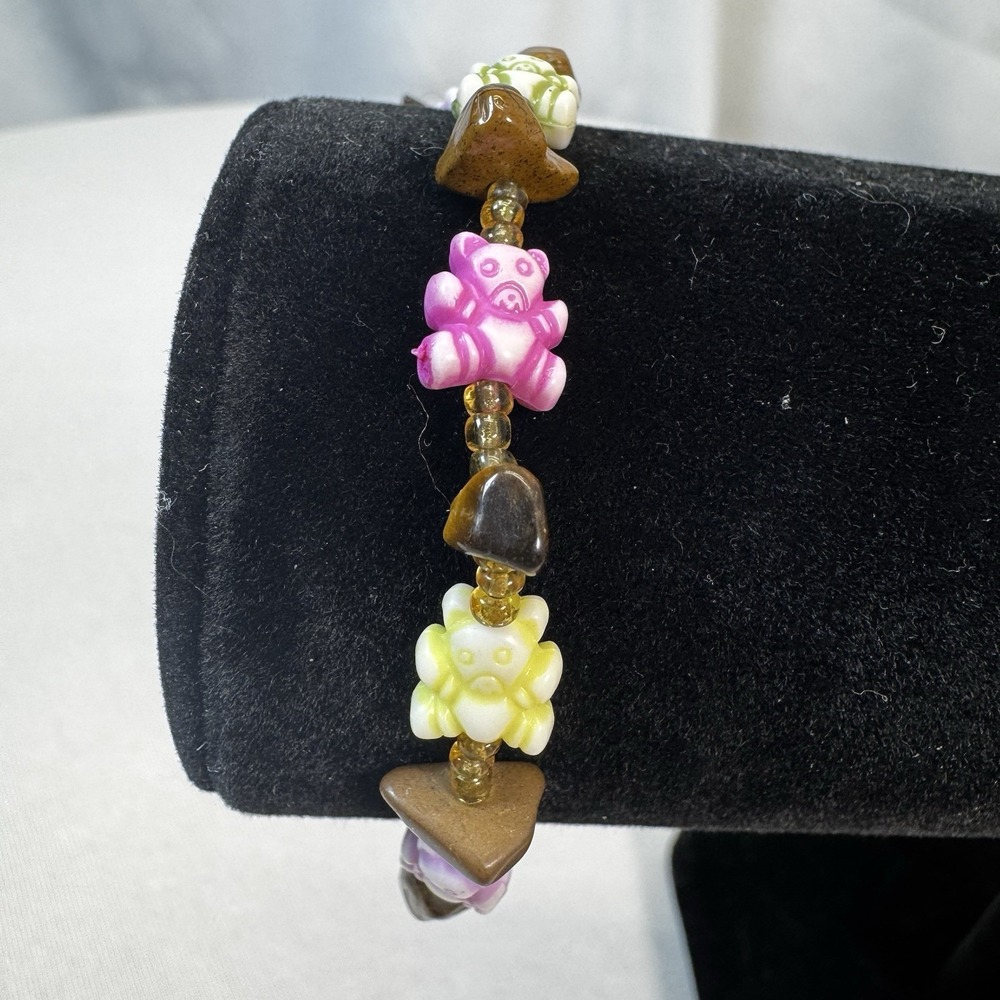 Dainty Colorful Bears And Brown‎ Beaded Bracelet With A Twist Clasp